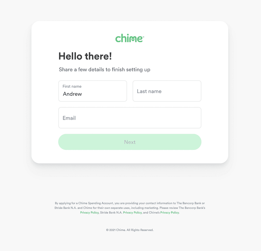 Chime signup screenshot