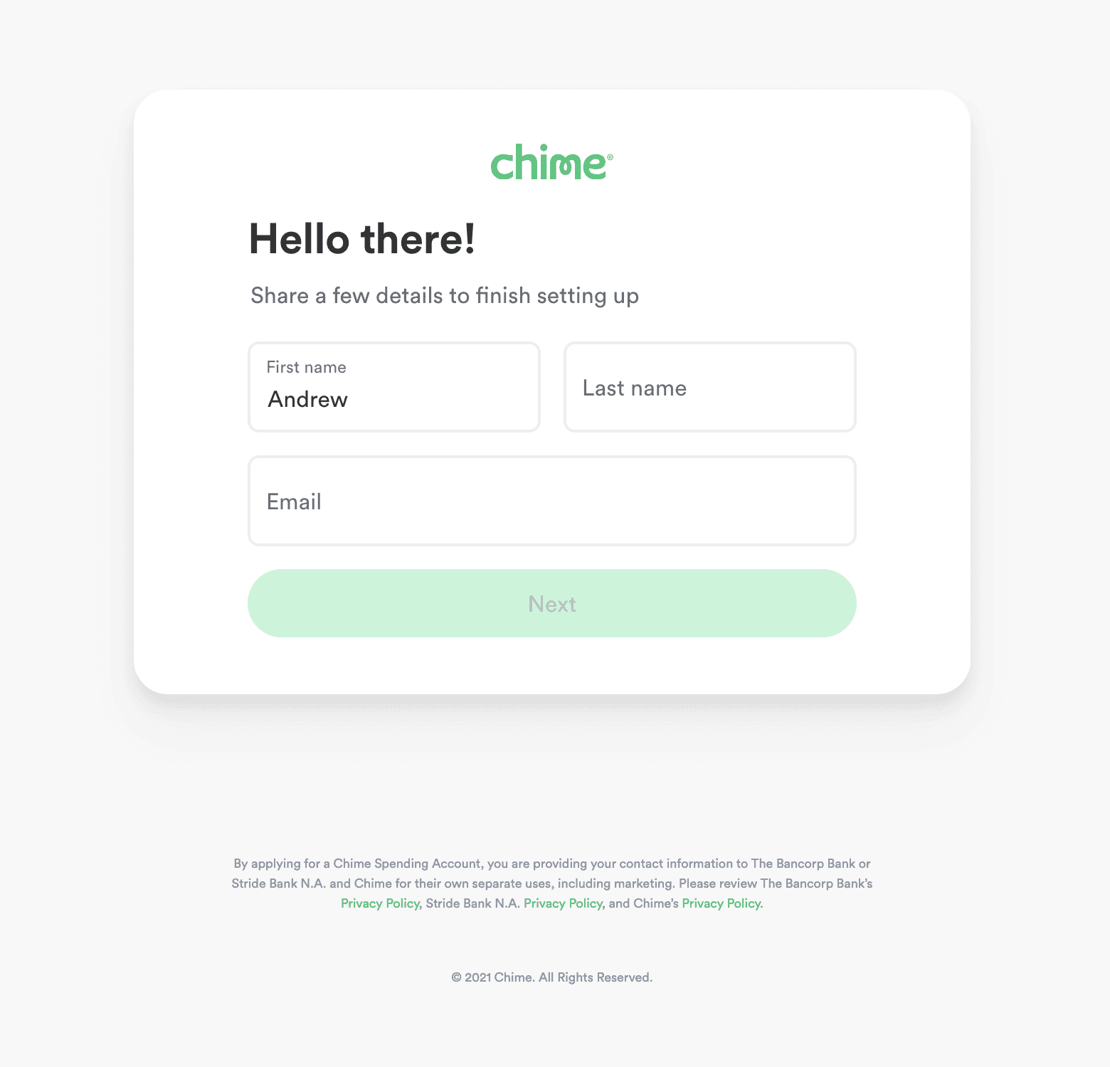 Chime Signup project screenshot